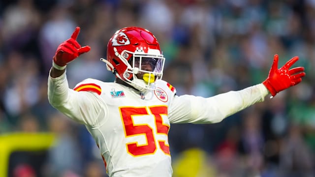 Feb 12, 2023; Glendale, Arizona, US; Kansas City Chiefs defensive end Frank Clark (55) celebrates a play against the Philadelphia Eagles during Super Bowl LVII at State Farm Stadium. Mandatory Credit: Mark J. Rebilas-USA TODAY Sports  